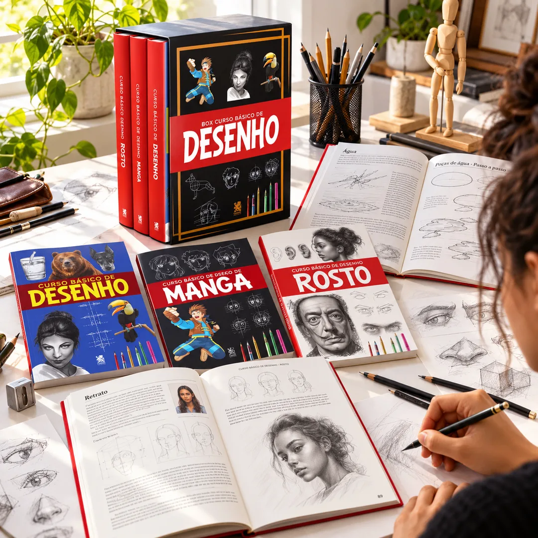 Box e livros em uso em um ateliê