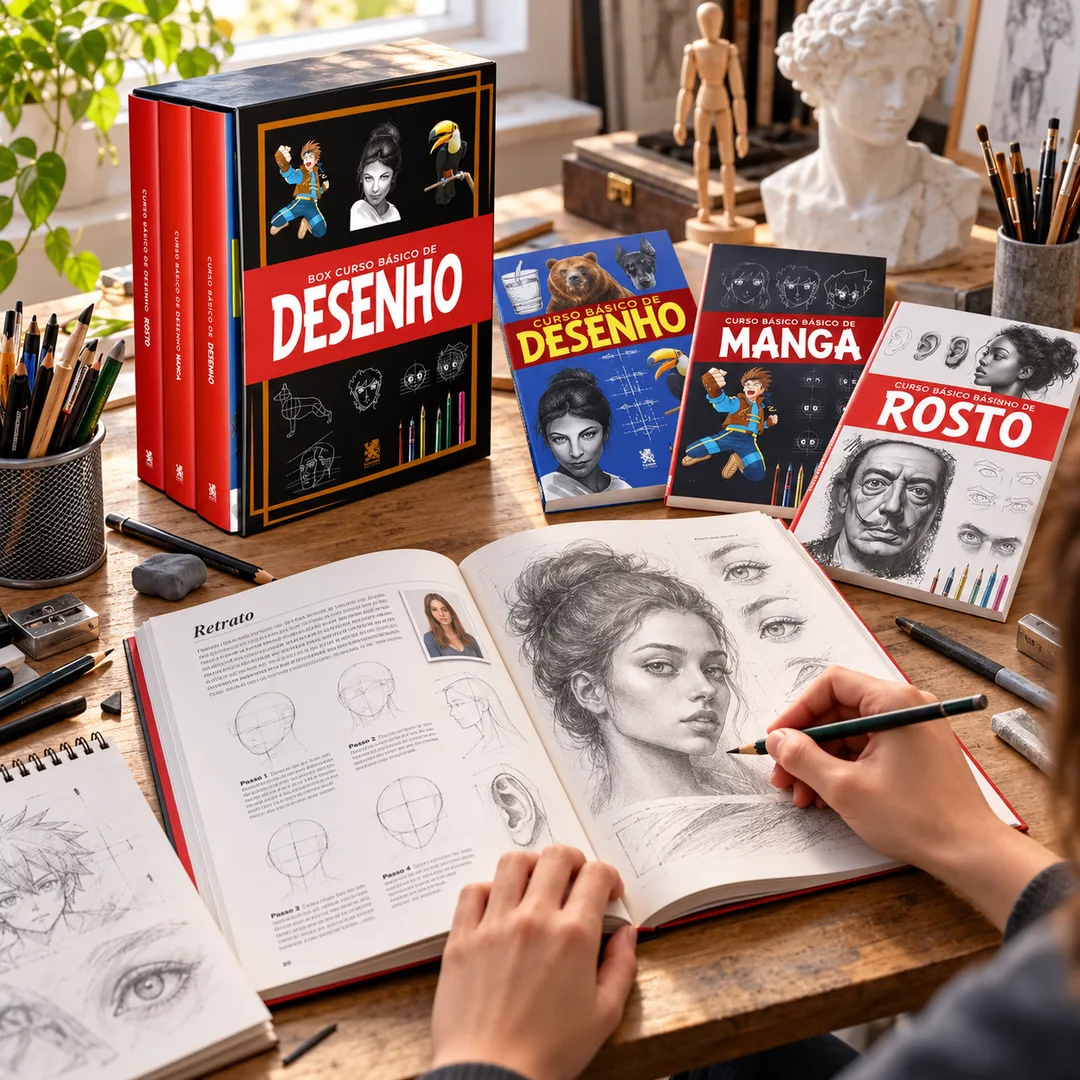 Pessoa praticando desenho com o livro aberto